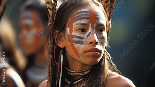 A young girl with painted face and feathers representing tribal culture.