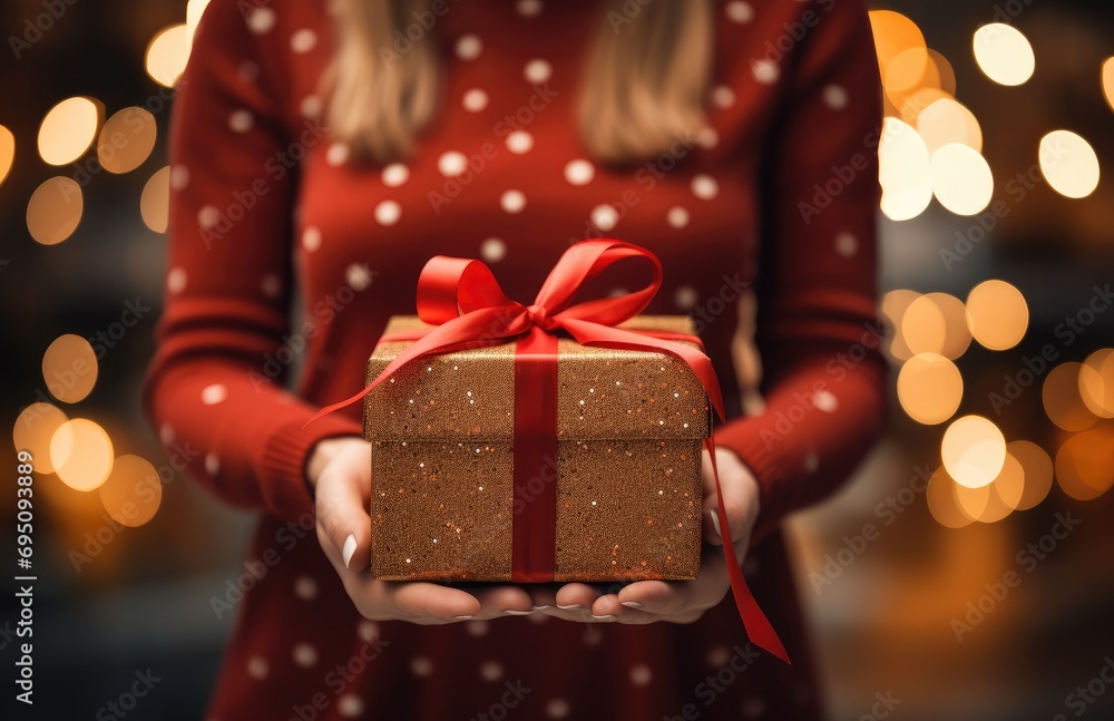 female hands holding a red gold wrapped gift with a bow female hands holding a red gold wrapped gift with a bow