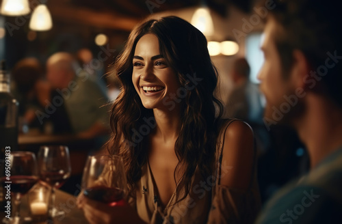 friends smiling at wine while dining together at a restaurant dinner