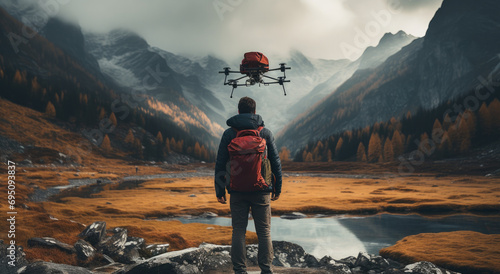 guy in backpack and drone in mountain travel