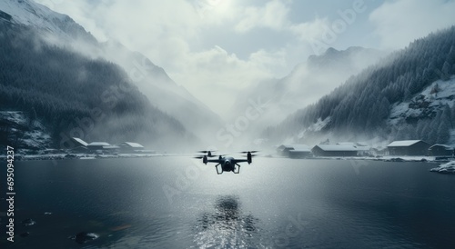 man flying drone around cloudy mountain water © olegganko