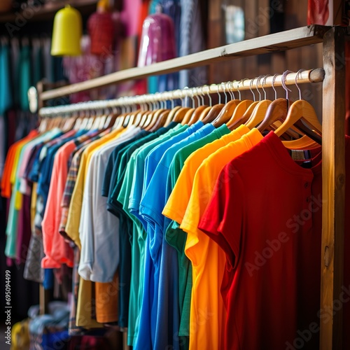Colorful and vibrant clothes hanging in a small business shop retail. Reduce Reuse Recycle concept. Good quality products © Marietimo