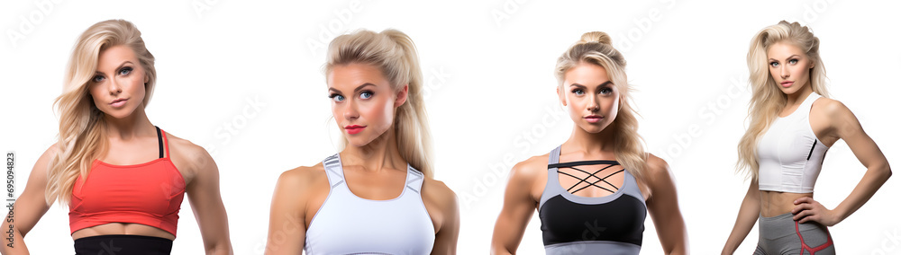 set of fitness blonde woman showcasing gym clothing, Isolated on Transparent Background, PNG set of fitness blonde woman showcasing gym clothing, Isolated on Transparent Background, PNG