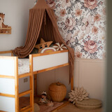 Girl's children's room. Interior with canopy