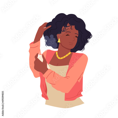 Girl takes care of kinky hair vector illustration. Cartoon isolated beautiful young woman holding bottle to spray anti frizz cosmetic product on strands, treatment process of curly girl method