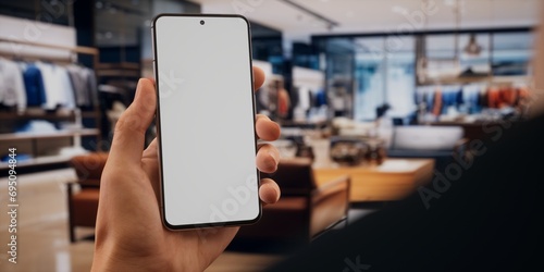 CU Caucasian male using his phone in vertical orientation, clothing store in bg