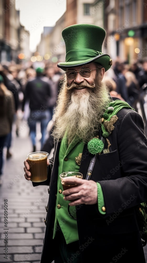 Happy man with a white beard. in green festive attire, reel Happy man with a white beard. in green festive attire, reel