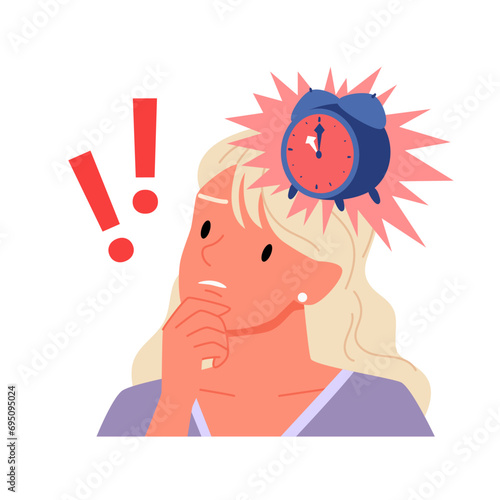 Sad girl with alarm clock and exclamation mark above head vector illustration. Cartoon isolated crazy retro bell rings for pensive woman to remind about deadline attention, work expiry problem