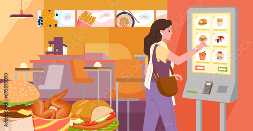 Self service in fast food restaurant vector illustration. Cartoon woman using touch screen on automatic kiosk to choose, order and pay for dishes in interior of hall of cafeteria, cafe or canteen