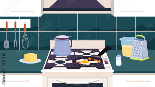 Kitchen interior with morning food cooking on heat of gas oven vector illustration. Cartoon iron frying pan with fried egg and bacon and coffeepot with coffee for English breakfast, cook process