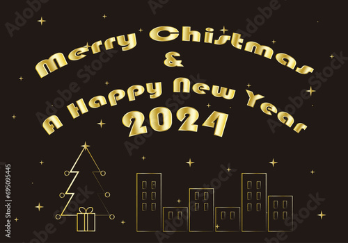 Christmas 2024. Felicitación navideña con árbol de Navidad, regalo y ciudad