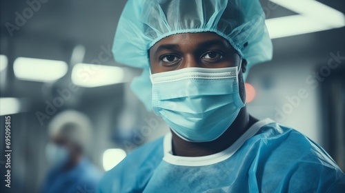 Male surgeon wearing hospital gown and surgical mask.