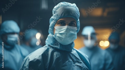 Male surgeon wearing hospital gown and surgical mask. photo