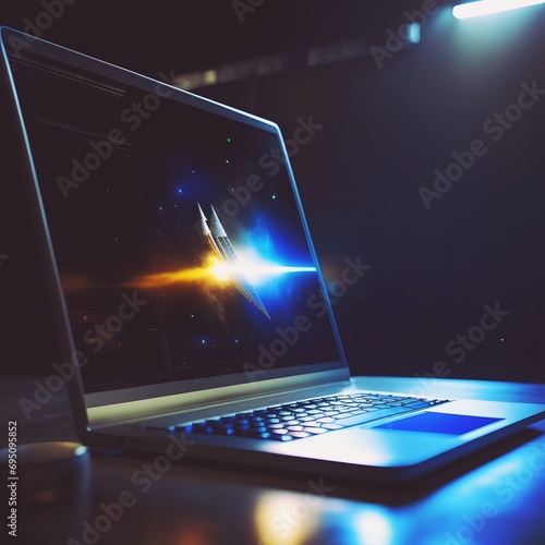 Laptop Notebook Computer Rocket Business illustration. A silver laptop on a dark surface displays a rocket launching against a starry night sky