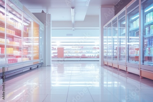 Blurred fuzzy grocery store refrigeration displays photo