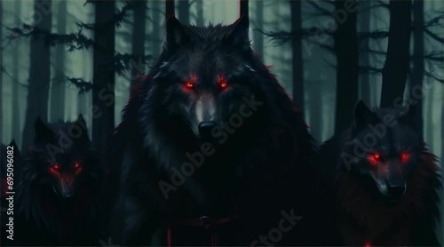 Dark black wolves with glowing red eyes fantasy creature animation photo