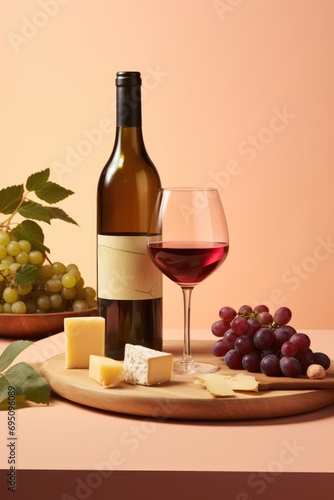 Wine bottle mockup with wine glass and grapes