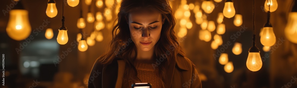 one woman watching her mobile with a pair of light bulbs one woman watching her mobile with a pair of light bulbs