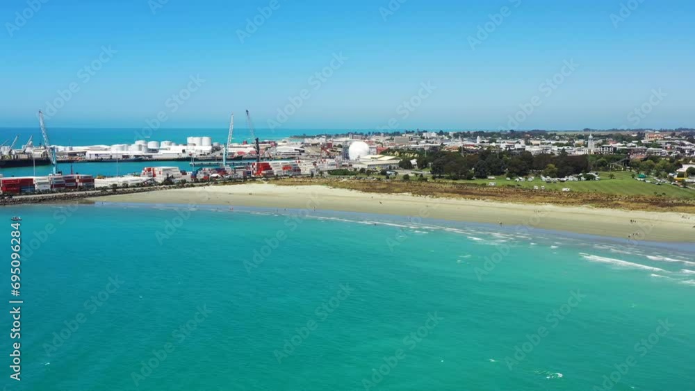Caroline Bay beach of Timaru port harbour town on Pacific coasts of New Zealand.
Caroline Bay beach of Timaru port harbour town on Pacific coasts of New Zealand.