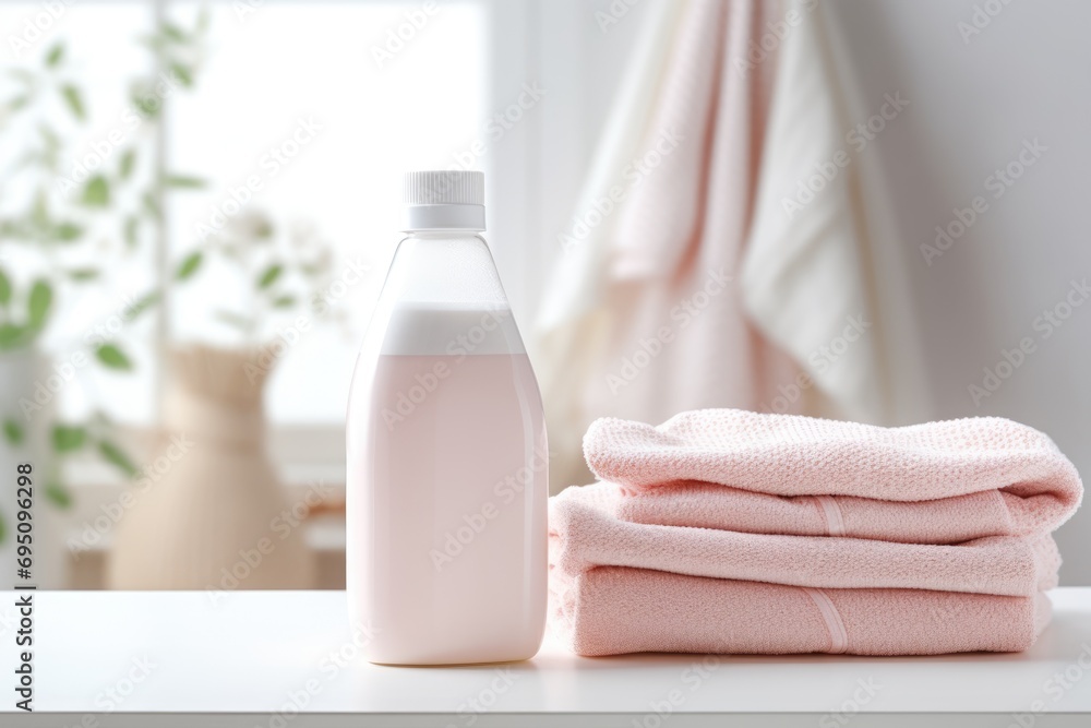Bottle of fabric detergent and a pile of clean towels in the laundry room Bottle of fabric detergent and a pile of clean towels in the laundry room