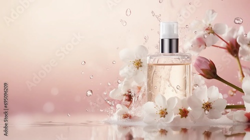 Perfume bottle on light pink background, beauty products for women