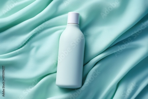 Mockup bottle of fabric softener or detergent over textile astel background