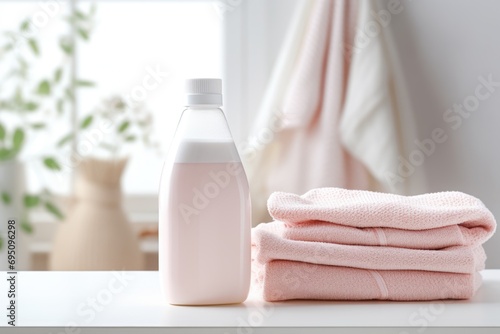 Bottle of fabric detergent and a pile of clean towels in the laundry room photo