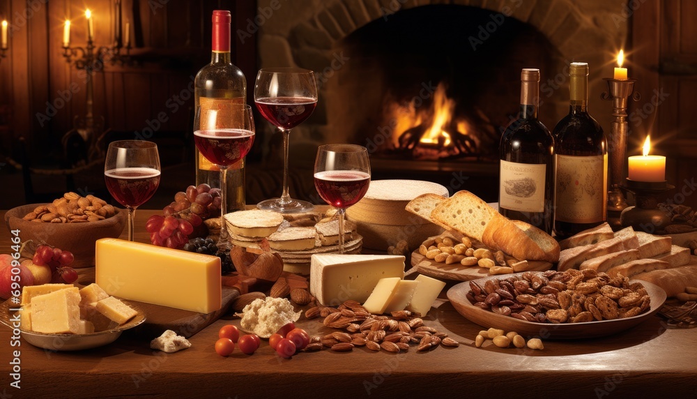Intimate wine tasting setup with assorted cheeses, lit by warm fireplace