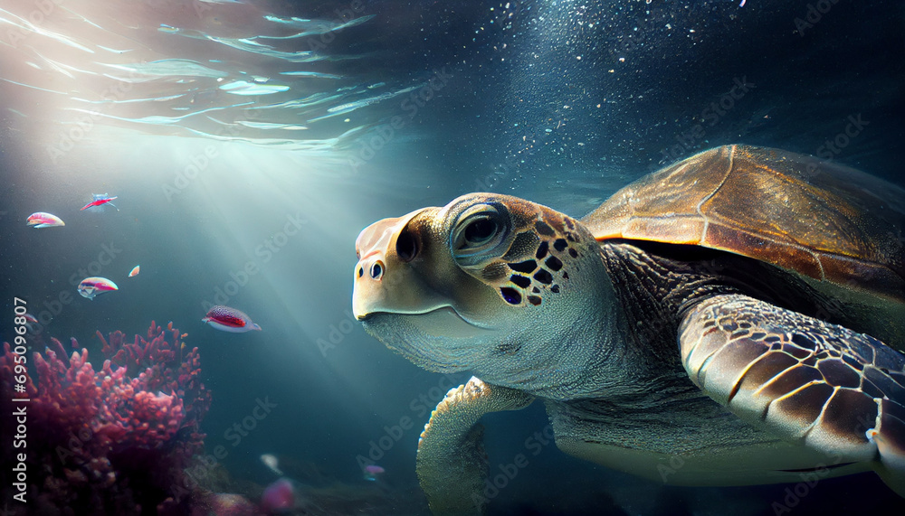 Fototapeta premium Portrait of big swimming in ocean turtle, close-up. Underwater world, tropical sea life. Generative AI