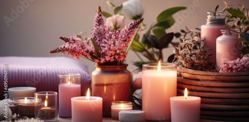 small pink candle and various scented products