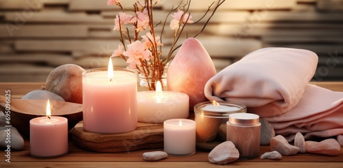 small pink candle and various scented products