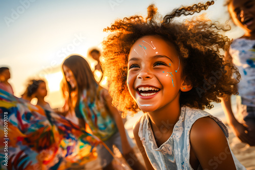 Enfant métis riant aux éclats sur la plage lors d'une activité peinture photo