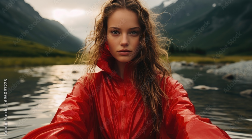 wearing a red rain suit in a stream at sunset in mountain