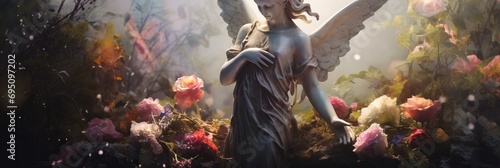 Monument to a mourning angel on a gravestone in a cemetery, banner photo