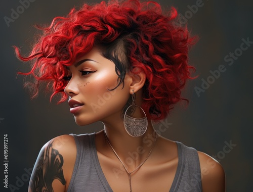 the profile of the curly haired woman with red mohawk