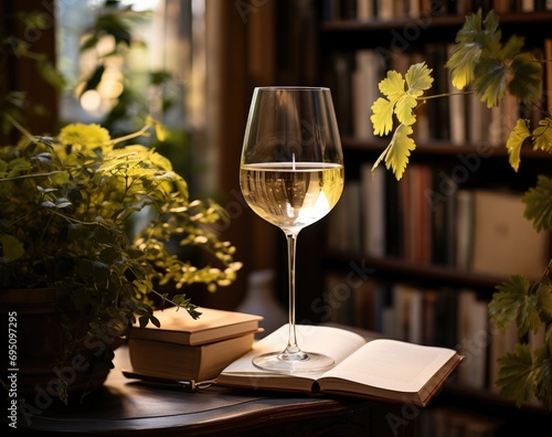 wine in glasses next a book on a table, red wine with garnish