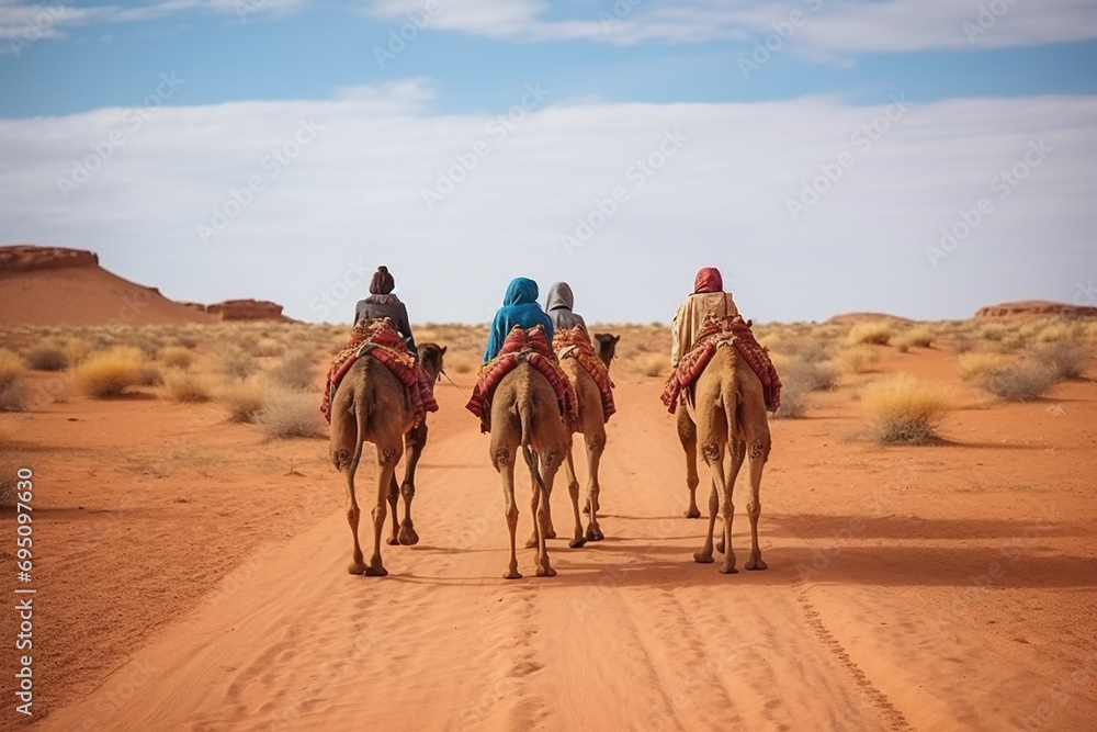 Fototapeta premium Joyful Tourist on Group Camel Ride in Desert