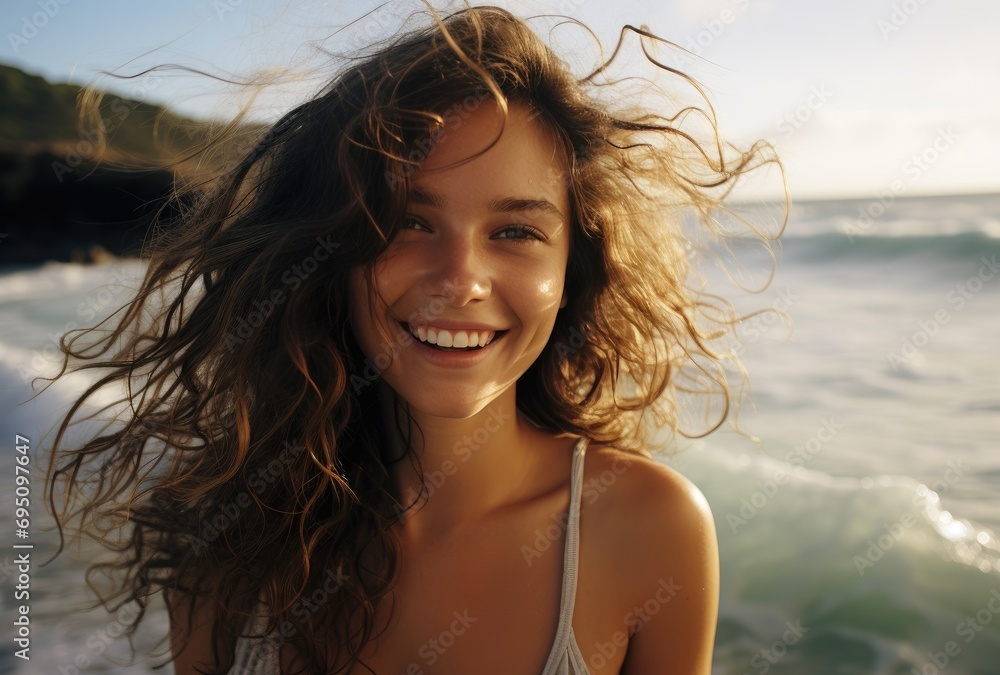 woman smiling in front of the ocean woman smiling in front of the ocean