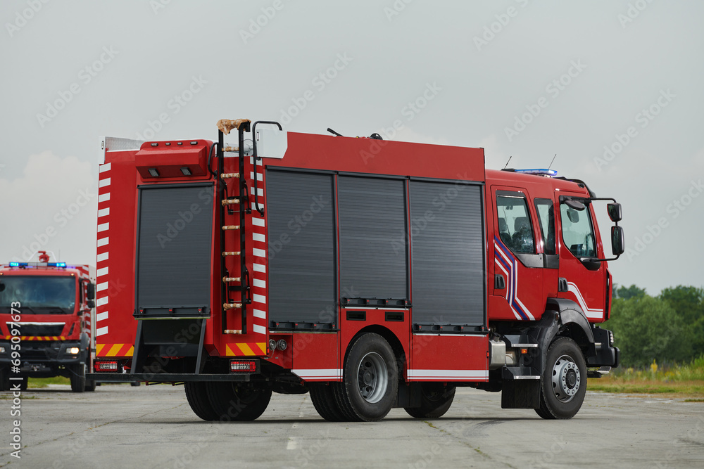 In this captivating scene, a state-of-the-art firetruck, equipped with advanced rescue technology, stands ready with its skilled firefighting team, prepared to intervene and respond rapidly to In this captivating scene, a state-of-the-art firetruck, equipped with advanced rescue technology, stands ready with its skilled firefighting team, prepared to intervene and respond rapidly to