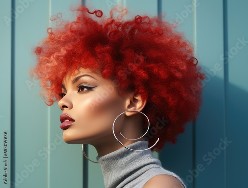 woman with red hair and big hoop earrings