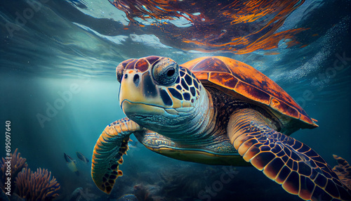 Portrait of big swimming in ocean turtle, close-up. Underwater world, tropical sea life. Generative AI © Anna