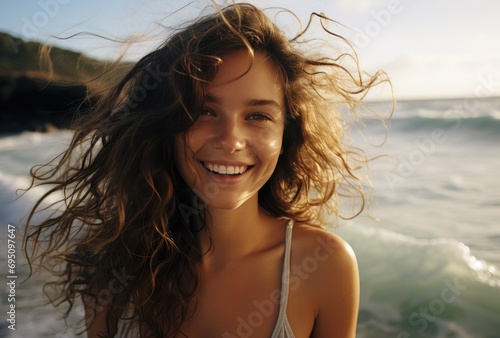 woman smiling in front of the ocean