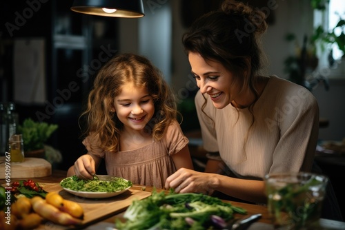 young female in a kitchen with a child cooking vegetables