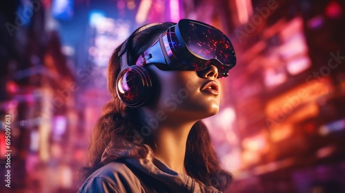 young girl with a virtual reality headset in front of a city