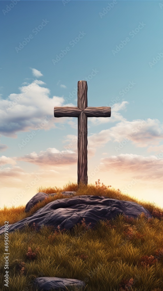 Wooden Christian cross on a hill