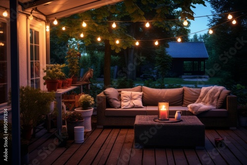 Cozy warm evening after work on your outside terrace overlooking the garden, terrace with a comfortable sofa and lights and table lamps photo