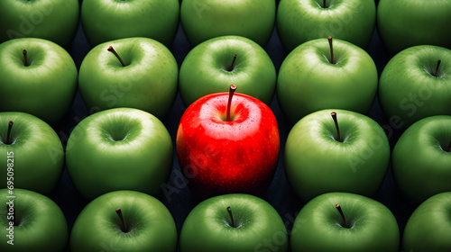 Pomme rouge unique parmi les pommes vertes - Concept et symbole de la différence