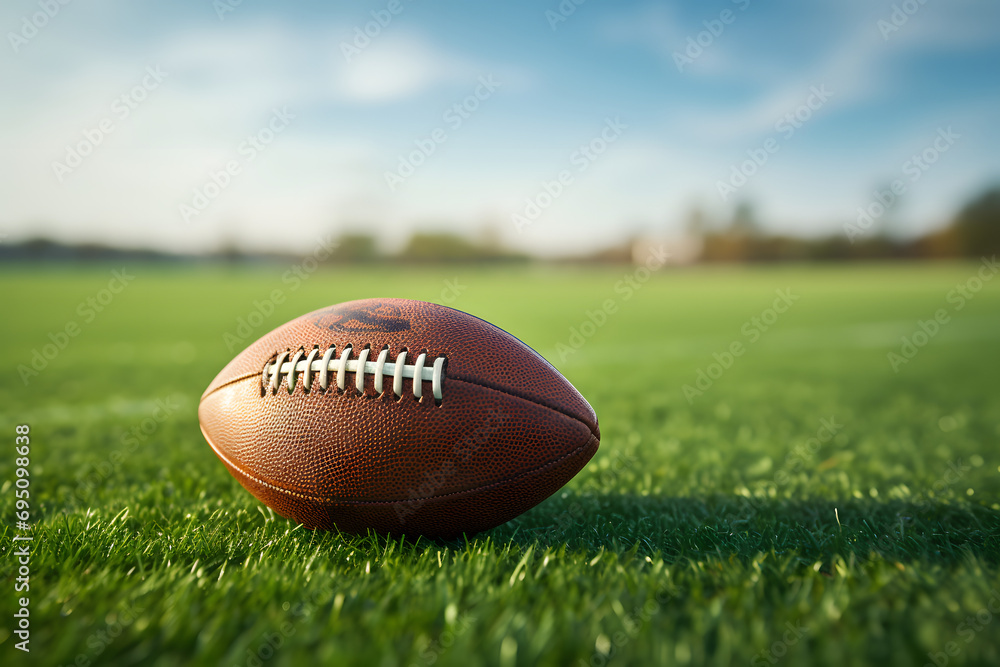 Obraz premium Football laying on foorball gras court, football field, sport, american football