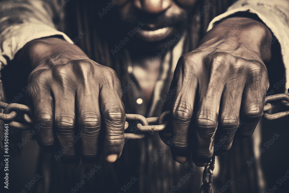Close up of an African American slaves hands with chains - obrazy, fototapety, plakaty 