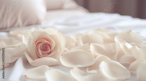 Close-up of a fresh rose flower and many white petals lying on a large bed in a honeymoon hotel room. Romantic trip, room booking. photo